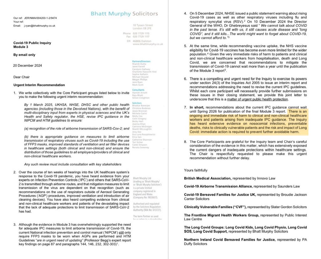 In Dec, a number of Core Participants to the Covid Inquiry wrote to the Inquiry Chair stating:

“There is an ongoing &amp; immediate risk of harm to healthcare workers &amp; patients arising from inadequate IPC guidance.”

They urged her to make urgent interim recommendations.

/20