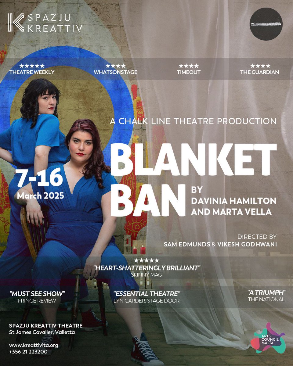 Blanket Ban transfers to <a href="/SpazjuKreattiv/">Spazju Kreattiv</a> March 7-16

★★★★★ <a href="/theatre_weekly/">Theatre Weekly</a> 
★★★★★ <a href="/theskinnymag/">The Skinny</a> 
★★★★★ <a href="/MickeyJoTheatre/">Mickey-Jo</a> 
★★★★ <a href="/WhatsOnStage/">WhatsOnStage</a> 
★★★★ <a href="/TimeOutTheatre/">Time Out Theatre</a> 
★★★★ <a href="/guardianstage/">Guardian Stage</a> 

Book Now: kreattivita.org/en/event/blank…