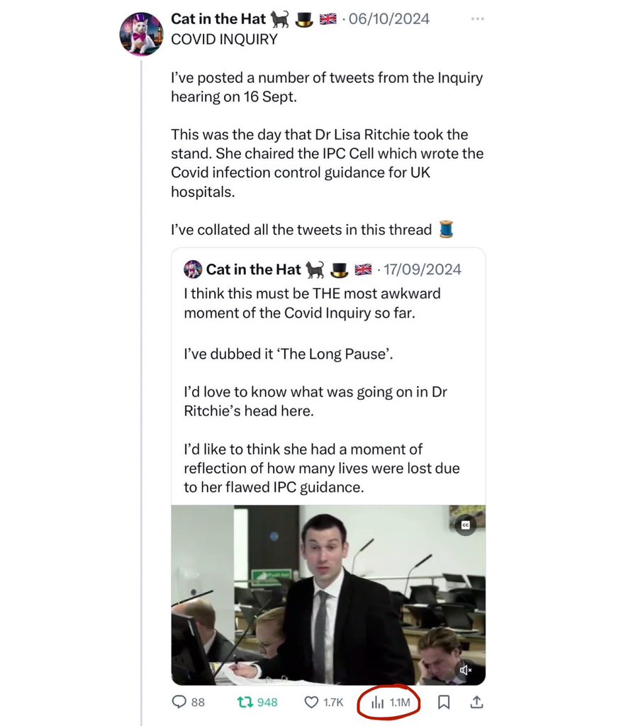 Mind you, I’m not surprised that Dr Ritchie &amp; her associates are fairly enraged by ‘social media discussions’. 

A thread of shocking clips from Dr Ritchie’s Covid Inquiry testimony has now had over 1.1 MILLION views. ⬇️

That’s gotta hurt…

/24