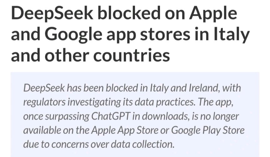 #DeepSeek  INTERDIT sur TOUS les appareils Apple et Google pour des raisons de sécurité en ItalieI et en Irlande !