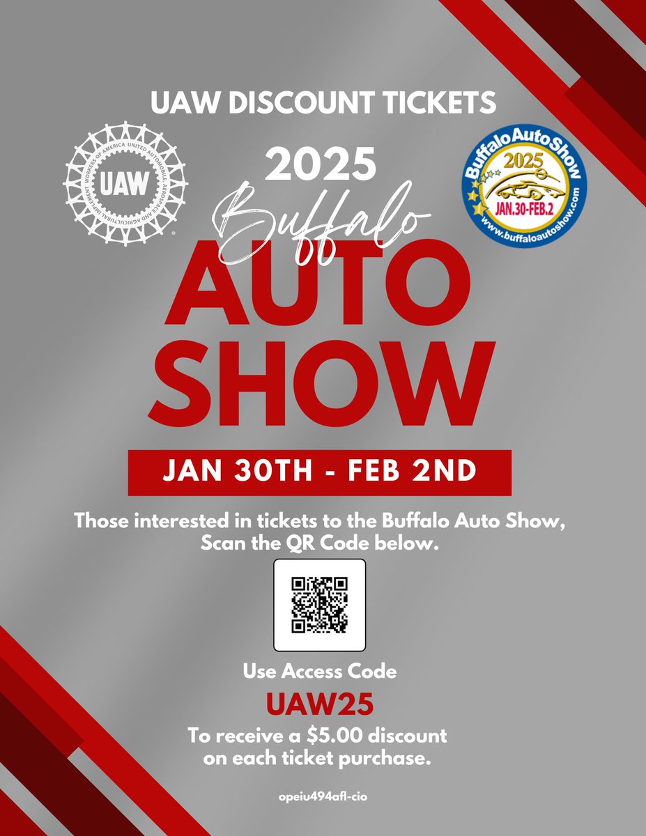 UAWregion9's tweet photo. 🚗✨ DON'T MISS OUT!✨🚗 UAW members, it's time to rev up your excitement for the 2025 Buffalo Auto Show! 🔥🌟 Remember to snag your DISCOUNTED TICKETS and be part of the action!🏎️💨 Let's show up and support our community together! 💪🌍 #UAW #BuffaloAutoShow https://t.co/WnZD5e8tzr