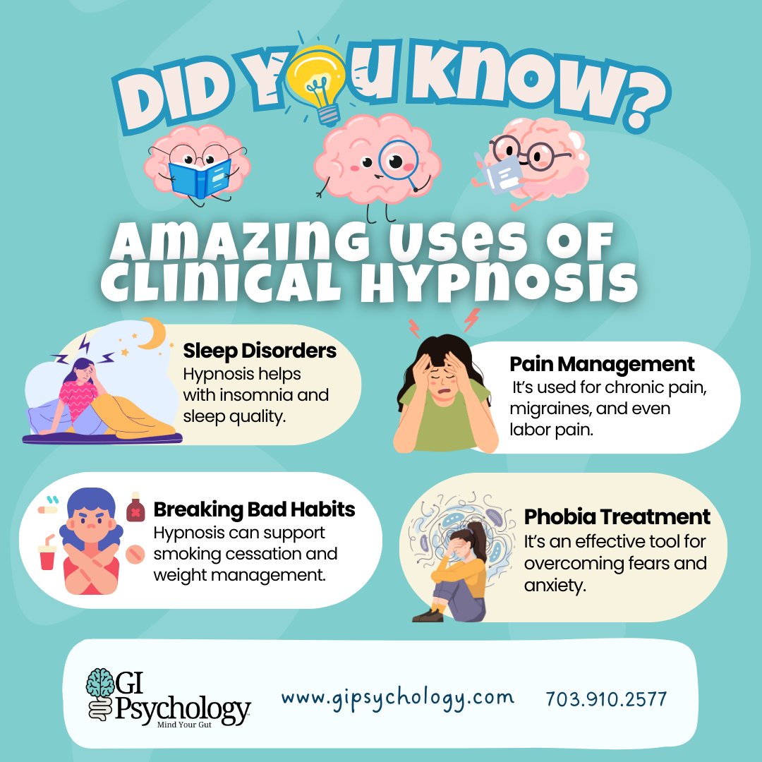 GIPsychUSA's tweet image. Would you try hypnosis for any of these? 
Comment below! 👇 #MindBodyHealing #BrainBites #tryhypnosis