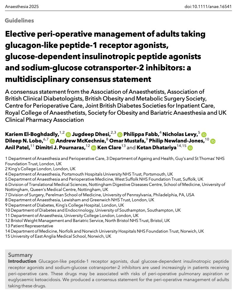 Are you up to date with the management of GLP-1s in the peri-operative period?

Check out these guidelines!

#anaesthesia #medicine #GLP1

buff.ly/4ak4pa0