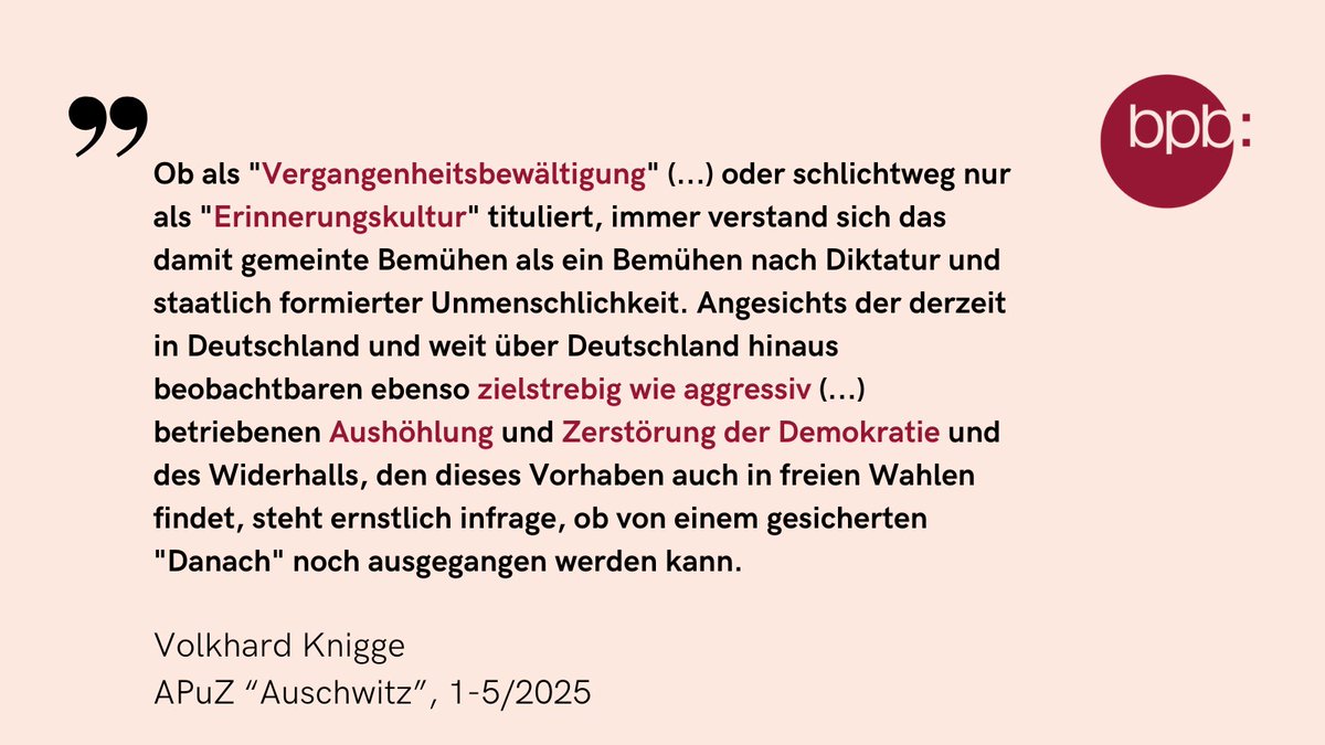"Nie wieder Auschwitz!" gehört zum Kern des bundesrepublikanischen Selbstbilds. Ob dieses Selbstbild und die damit verbundene Selbstzufriedenheit gerechtfertigt sind, diskutiert Volkhard Knigge in der APuZ #Auschwitz. #Auschwitz80
bpb.de/shop/zeitschri…