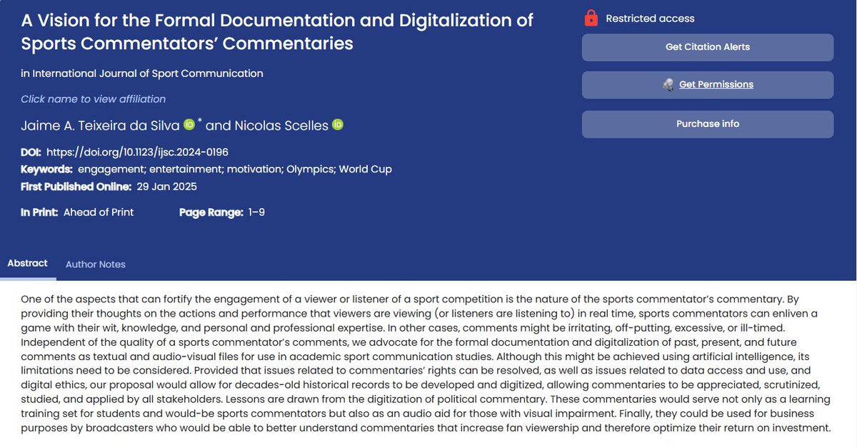 Sport Policy Unit - MMU (@spu_mmu) on Twitter photo Dr Nicolas Scelles (<a href="/Scenic82/">Nicolas Scelles</a>) has co-authored a manuscript titled, "A Vision for the Formal Documentation and Digitalization of Sports Commentatorsā Commentaries" in the International Journal of Sport Communication.
Link to paper: journals.humankinetics.com/view/journals/⦠Dr Nicolas Scelles (<a href="/Scenic82/">Nicolas Scelles</a>) has co-authored a manuscript titled, "A Vision for the Formal Documentation and Digitalization of Sports Commentatorsā Commentaries" in the International Journal of Sport Communication.
Link to paper: journals.humankinetics.com/view/journals/ā¦