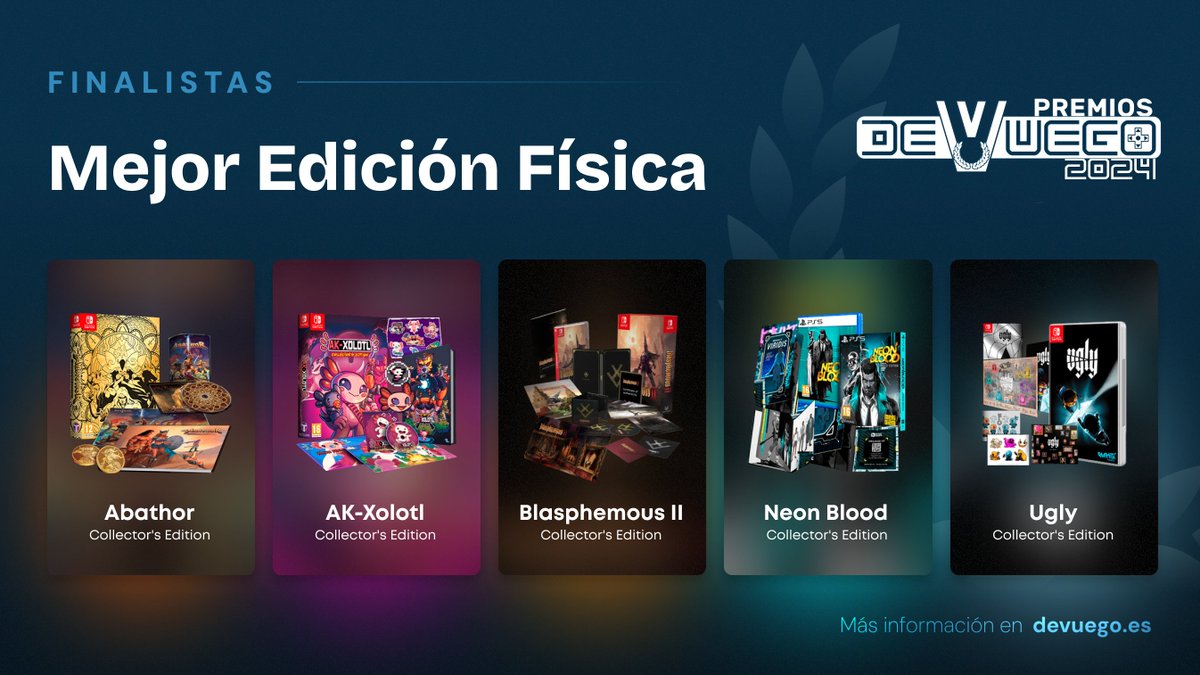 DeVuego (@devuego) on Twitter photo 🏆 Finalistas #PremiosDeVuego2024
🏅 Mejor Edición Física🏅
➡️ Abathor <a href="/Abathor_Game/">Abathor 🎮 Garay GameDev</a> <a href="/TesuraGames/">Tesura Games 👾</a>
➡️ AK-Xolotl <a href="/akxolotl_game/">AK-xolotl</a>
➡️ Blasphemous II <a href="/TheGameKitchen/">The Game Kitchen</a> <a href="/SelectaPlay/">Selecta Play</a>
➡️ Neon Blood <a href="/ChaoBrainStudio/">ChaoticBrain Studios 🧠⚡️Neon Blood Available Now!</a> <a href="/MeridiemGames/">Meridiem</a>
➡️ Ugly <a href="/TeamUglyGames/">TEAM UGLY</a>
🗳️ dvgo.es/premios2024 🏆 Finalistas #PremiosDeVuego2024
🏅 Mejor Edición Física🏅
➡️ Abathor <a href="/Abathor_Game/">Abathor 🎮 Garay GameDev</a> <a href="/TesuraGames/">Tesura Games 👾</a>
➡️ AK-Xolotl <a href="/akxolotl_game/">AK-xolotl</a>
➡️ Blasphemous II <a href="/TheGameKitchen/">The Game Kitchen</a> <a href="/SelectaPlay/">Selecta Play</a>
➡️ Neon Blood <a href="/ChaoBrainStudio/">ChaoticBrain Studios 🧠⚡️Neon Blood Available Now!</a> <a href="/MeridiemGames/">Meridiem</a>
➡️ Ugly <a href="/TeamUglyGames/">TEAM UGLY</a>
🗳️ dvgo.es/premios2024