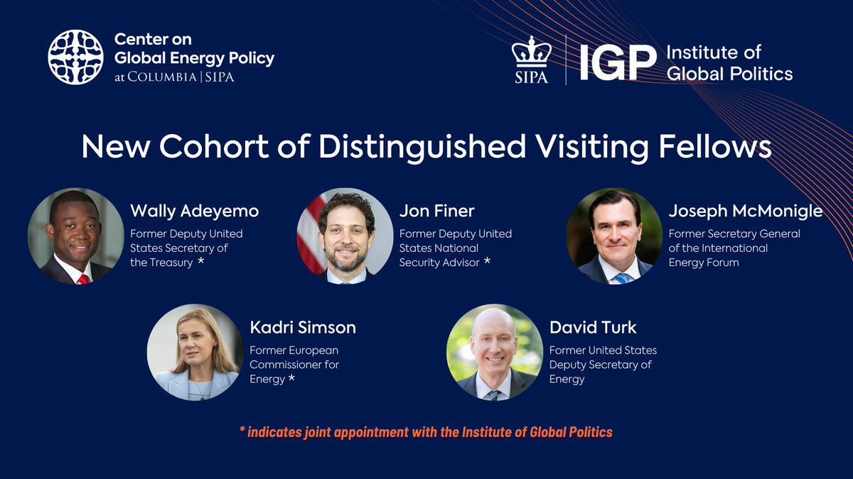 Center on Global Energy Policy (@columbiauenergy) on Twitter photo The <a href="/ColumbiaUEnergy/">Center on Global Energy Policy</a> at <a href="/ColumbiaSIPA/">Columbia | SIPA</a> welcomes five new Distinguished Visiting Fellows, bringing a wide range of experience on international energy issues to CGEP and the broader <a href="/Columbia/">Columbia University</a> community. energypolicy.columbia.edu/news/former-us… The new cohort includes: The <a href="/ColumbiaUEnergy/">Center on Global Energy Policy</a> at <a href="/ColumbiaSIPA/">Columbia | SIPA</a> welcomes five new Distinguished Visiting Fellows, bringing a wide range of experience on international energy issues to CGEP and the broader <a href="/Columbia/">Columbia University</a> community. energypolicy.columbia.edu/news/former-us… The new cohort includes: