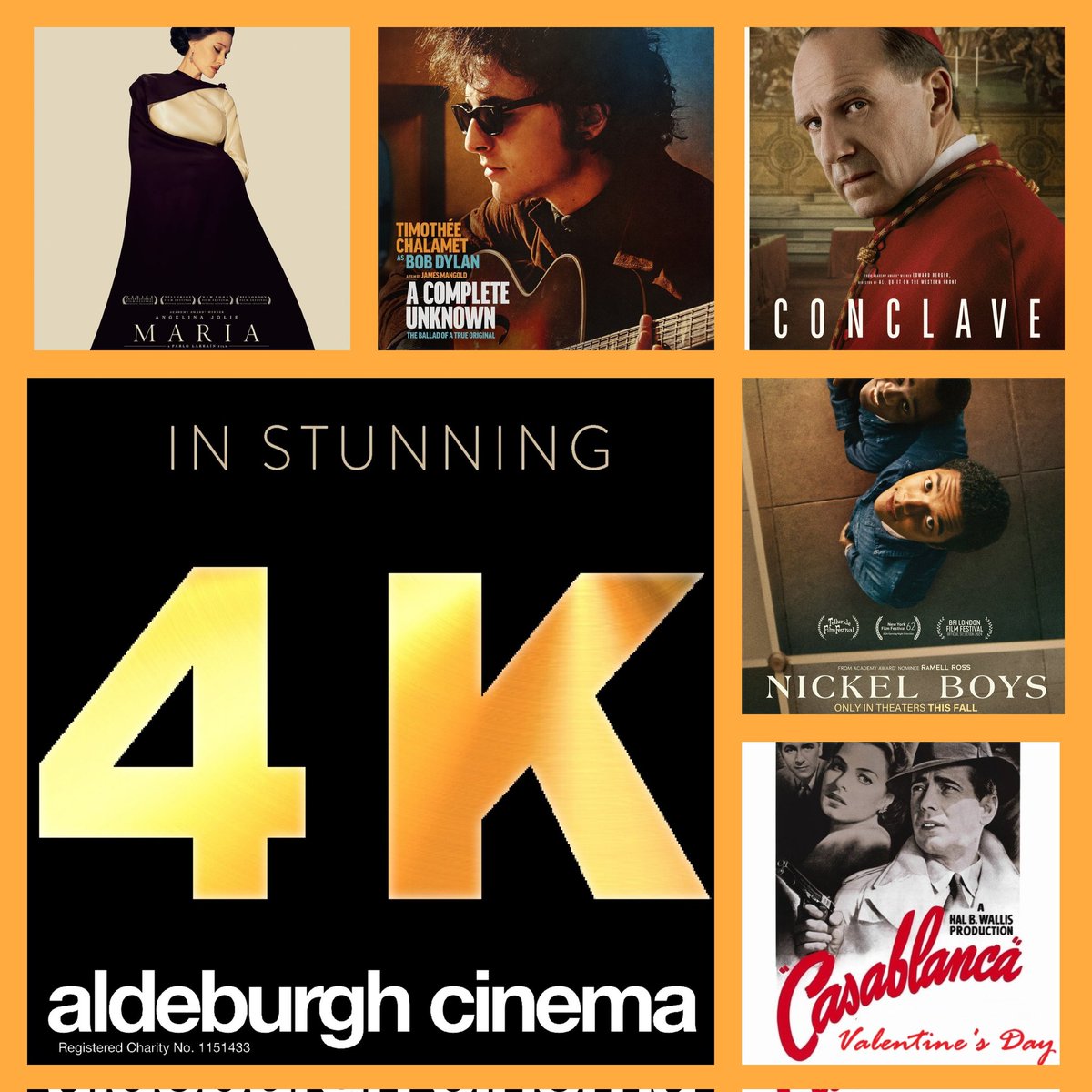 Oscarly treats this week… Bob Dylan biopic A COMPLETE UNKNOWN (8 Oscar noms), Maria Callas biopic MARIA (1 Oscar nom), CONCLAVE (8 noms) &amp; NICKEL BOYS (2 noms). + Valentine’s gold on the 14th: CASABLANCA (3 Oscar wins). All in shiny 4K. Tickets etc at aldeburghcinema.co.uk