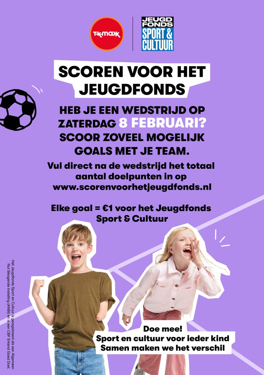 📢 Hey Hengelo &amp; Borne! ⚽️ Za 8 feb kun je SCOREN VOOR HET JEUGDFONDS! Voor elk  doelpunt doneert TK Maxx 1,-  aan Jeugdfonds Sport &amp; Cultuur. Samen maken we sport en cultuur mogelijk voor álle kinderen! 💙Doe mee en geef je score door via:👉 scorenvoorhetjeugdfonds.nl