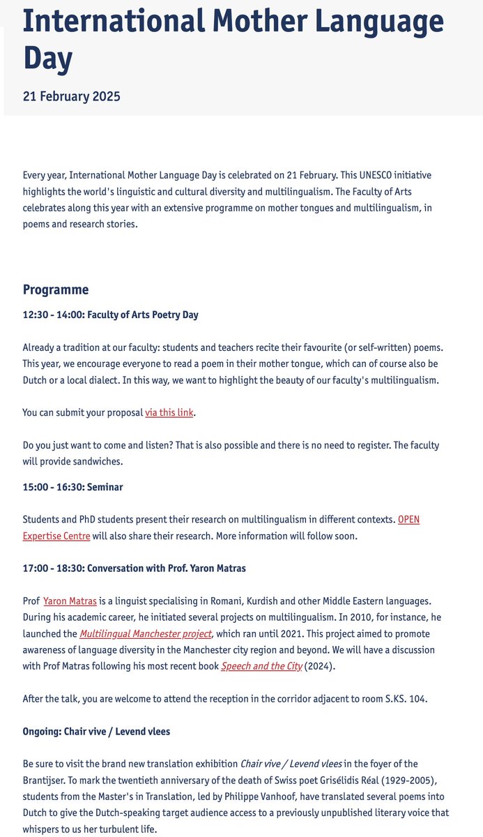 Migloba: Network on Migration and Global Mobility (@migloba) on Twitter photo 🎉🌍 Celebrate the International Mother Language Day with Us!
📅 21 February | 🏛 Faculty of Arts, <a href="/UAntwerpen/">UAntwerpen</a>
📌 Submit your poem and find all event details here:
🔗 uantwerpen.be/en/about-uantw…
Let’s honor language diversity together! 🌎💬
#motherlanguageday #LinguisticDiversity 🎉🌍 Celebrate the International Mother Language Day with Us!
📅 21 February | 🏛 Faculty of Arts, <a href="/UAntwerpen/">UAntwerpen</a>
📌 Submit your poem and find all event details here:
🔗 uantwerpen.be/en/about-uantw…
Let’s honor language diversity together! 🌎💬
#motherlanguageday #LinguisticDiversity