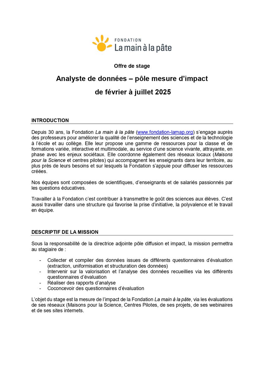 Fondation_Lamap's tweet image. #OffreDeStage La Fondation recrute un.e Analyste de données (février à juillet)
📊Missions : collecte & analyse de données, création de rapports, coconception de questionnaires
🎯Profil : Bac+4/5 Data Analyst, Excel/Power BI, esprit analytique📍Paris
Ici : urlr.me/2tBGXj