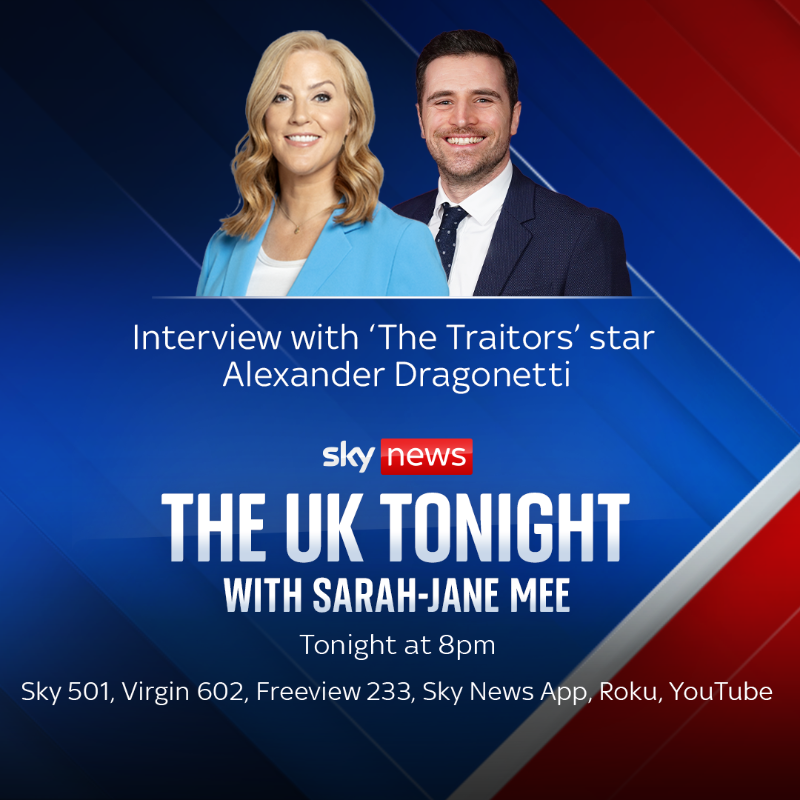 SkyNews's tweet photo. 📢 Coming up on The UK Tonight with @skysarahjane...

🟣 We speak to 'The Traitors' finalist Alexander Dragonetti, after he inspired thousands of donations to Mencap charity

⏰ 8pm 
📱 https://t.co/WY7k8tx0hq
📺 Sky 501, Virgin 602, Freeview 233 and YouTube
👉 #SJUK