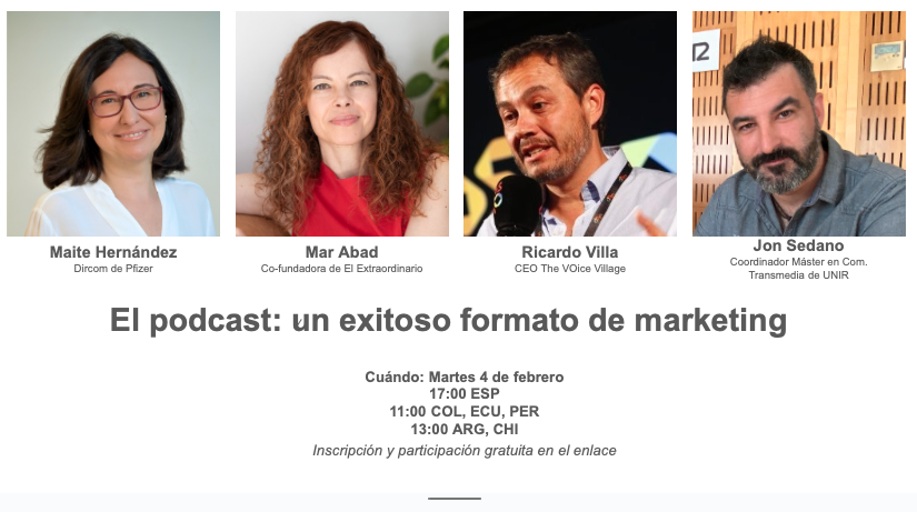 Jorge Heili (@jorgeheili) on Twitter photo Te espero este martes 4 de febrero en el "FORO UNIR- El podcast, un exitoso formato de marketing", en que tendremos a <a href="/MarAbad/">Mar Abad 🏳️⚧️ 🏳️🌈</a> , <a href="/RicardoVilla/">Ricardo Villa Asensi</a>, <a href="/JonSedano/">𝕁𝕠𝕟 𝕊𝕖𝕕𝕒𝕟𝕠</a> y a la directora de comunicación de <a href="/pfizer/">Pfizer Inc.</a>
¿Te apuntas? ¡Lo puedes ver online!
unir.net/evento/foros/f… Te espero este martes 4 de febrero en el "FORO UNIR- El podcast, un exitoso formato de marketing", en que tendremos a <a href="/MarAbad/">Mar Abad 🏳️⚧️ 🏳️🌈</a> , <a href="/RicardoVilla/">Ricardo Villa Asensi</a>, <a href="/JonSedano/">𝕁𝕠𝕟 𝕊𝕖𝕕𝕒𝕟𝕠</a> y a la directora de comunicación de <a href="/pfizer/">Pfizer Inc.</a>
¿Te apuntas? ¡Lo puedes ver online!
unir.net/evento/foros/f…