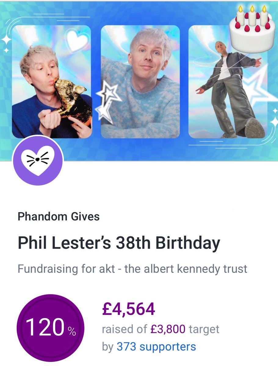 PhandomGives's tweet image. HAPPY BIRTHDAY @AmazingPhil 🥳🎂 The phandom has once again pulled together to raise over £4,000 for @aktcharity in your name 💜 Bringing the total raised for AKT to £23,750.71‼️ #happybirthdayphil  

Keep donating! The drive will be open until Feb 7th
justgiving.com/page/phil38