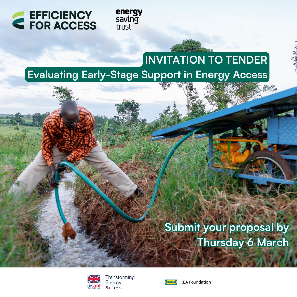 Efficiency for Access (@efora_coalition) on Twitter photo Calling all #CleanEnergyAccess experts!
<a href="/EnergySvgTrust/">Energy Saving Trust</a> is seeking consultancy support to assess how early-stage grants & technical assistance impact Productive Use of Renewable Energy (PURE) companies.
Apply by 6 March: bit.ly/40QhvbM
#InvitationToTender Calling all #CleanEnergyAccess experts!
<a href="/EnergySvgTrust/">Energy Saving Trust</a> is seeking consultancy support to assess how early-stage grants & technical assistance impact Productive Use of Renewable Energy (PURE) companies.
Apply by 6 March: bit.ly/40QhvbM
#InvitationToTender