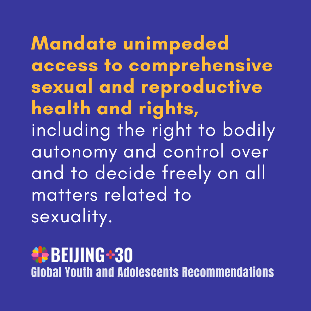 WomenDeliver's tweet image. 🗣️ Over 16,000 young voices, supported by @UN_Women, have united to craft 30 transformative calls to action for #Beijing30, including the right to #BodilyAutonomy 👏

Read the Beijing+30 Global Youth &amp;amp; Adolescents Recommendations:
bit.ly/B30Recs

@UNWOMEN4Youth @UN_CSW