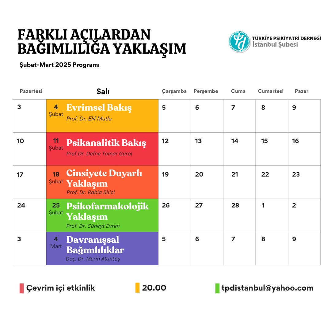 Bağımlılığın karmaşık yapısını daha iyi anlamak ve yaklaşımlarımızı zenginleştirmek amacıyla farklı açılardan bağımlılığı ele alacağız. Başvuru için: tpdistanbul@yahoo.com