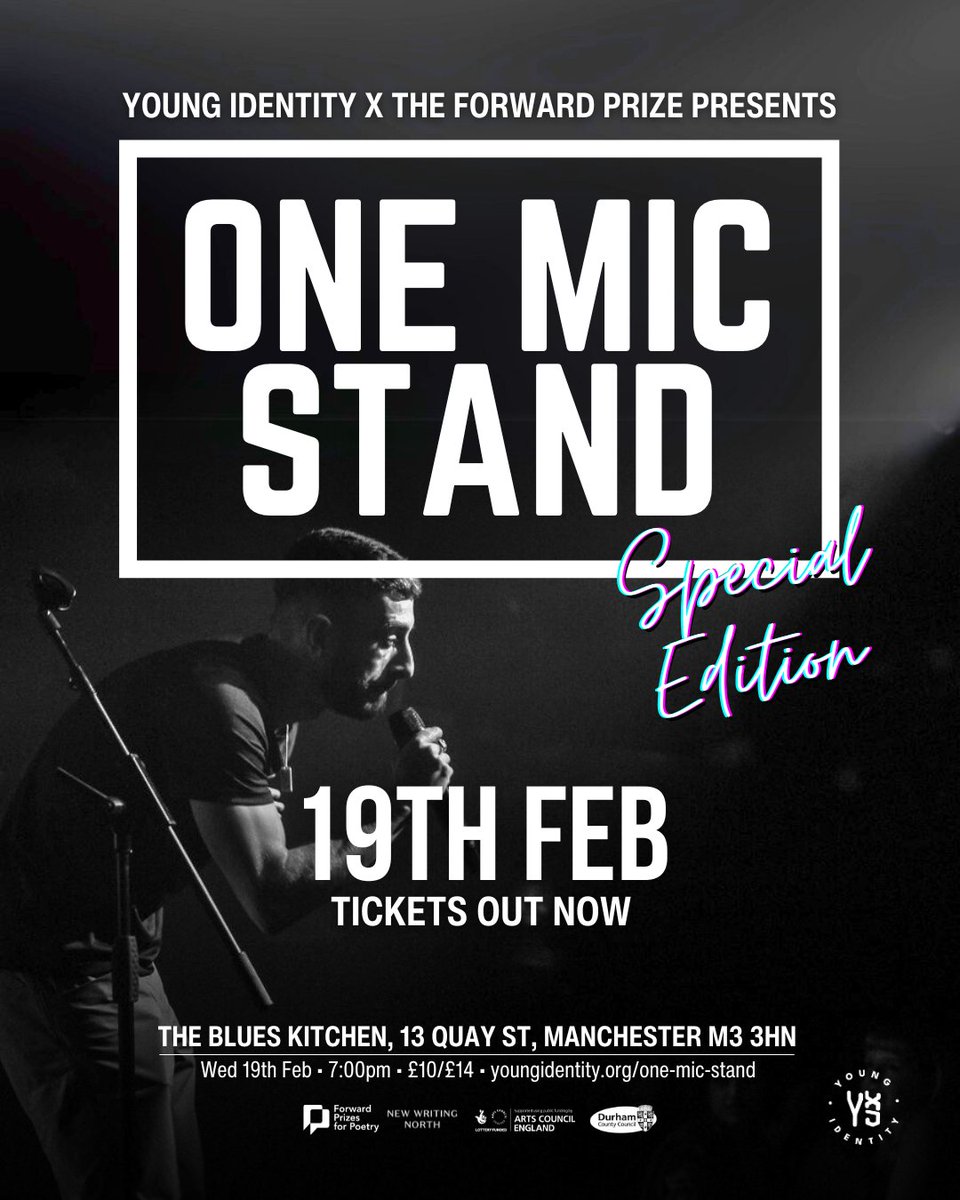 🎤 One Mic Stand is back!
🗓️ Wed 19 Feb 7:00pm
📍 @TheBluesKitchen - Manchester

Just over two weeks until this special edition with <a href="/ForwardPrizes/">Forward Prizes</a> bringing poets from <a href="/BarbicanCentre/">Barbican Centre</a>, <a href="/NewWritingNorth/">New Writing North</a>,  <a href="/HiveSouthYorks/">Hive Young Writers Network</a> and <a href="/thewritingsquad/">The Writing Squad</a>.

🎟️  Tickets: youngidentity.org/one-mic-stand
