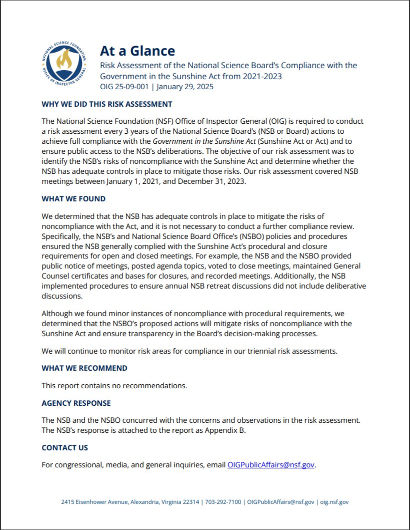 New Report: "Risk Assessment of the National Science Board’s Compliance with the Government in the Sunshine Act from 2021-2023. OIG Report No. 25-09-001, issued January 29, 2025" (oig.nsf.gov/reports/review…)