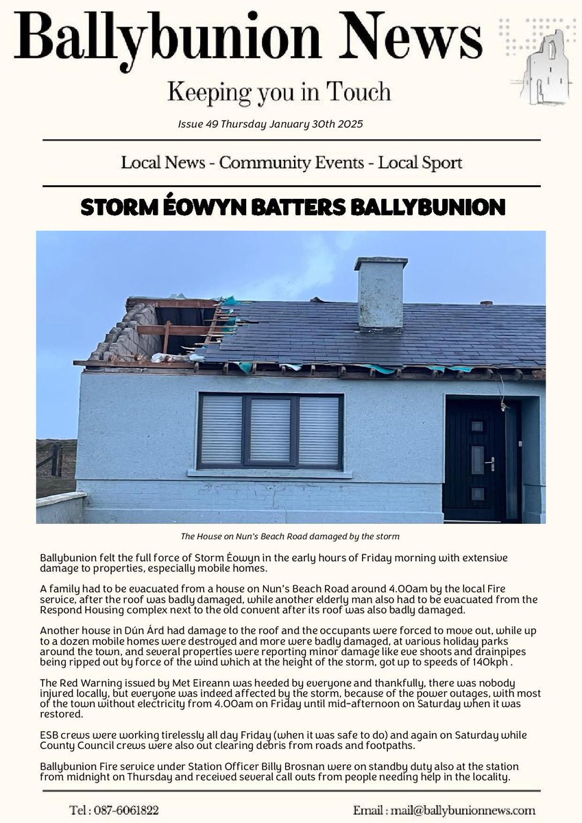 This week’s issue of Ballybunion News has been uploaded to the website. Its costs just €12 per annum to read and you can register at ballybunionnews.com