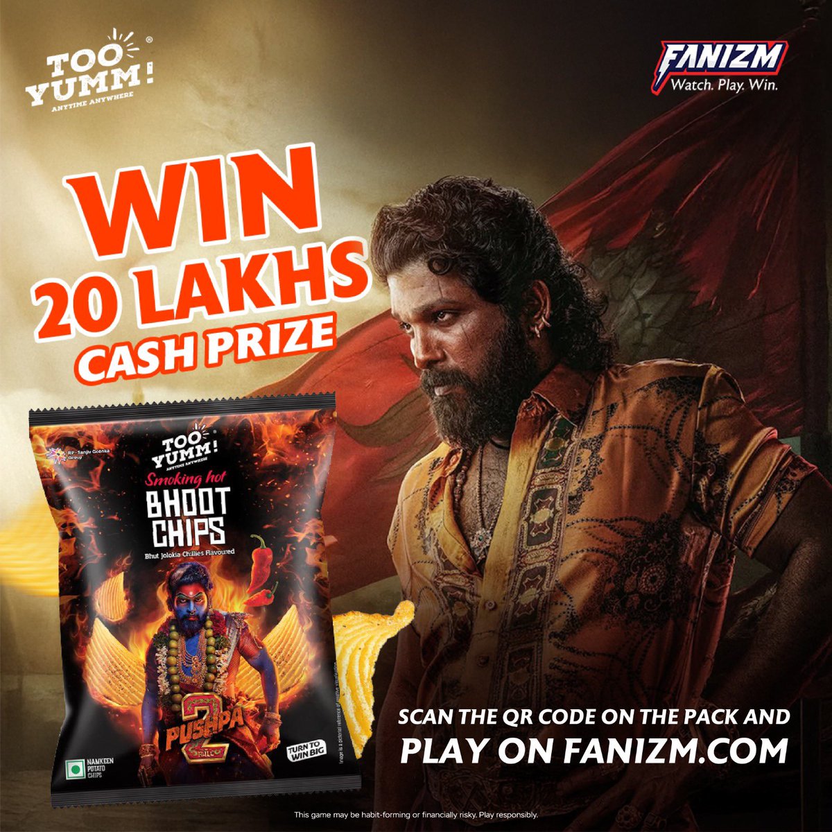 Think you’ve got the swag of Pushpa? 🔥
Grab a pack of Too Yumm! Smoking Hot Bhoot Chips, scan the QR code, play the Pushpa quiz, and win BIG – ₹20 LAKHS cash prize! 💰
It’s your time to rise. Will you make it? 🌟