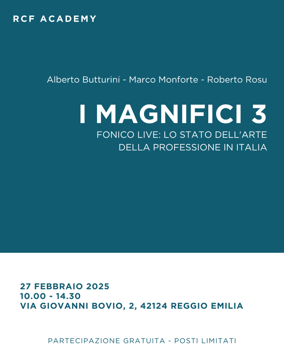 rcf_audio's tweet photo. RCF Presenta: I Magnifici 3 β Alberto Butturini, Marco Monforte e Roberto Rosu
-
π GiovedΓ¬ 27 Febbraio 2025
π RCF Academy, Reggio Emilia
-
ππΌ Iscriviti Subito: https://t.co/A6XK52TCBZ
-
-
#RCFaudio #ExperienceRCF #soundengineer #livesound #proaudio #foh #soundculture https://t.co/T4hhwuzBjB