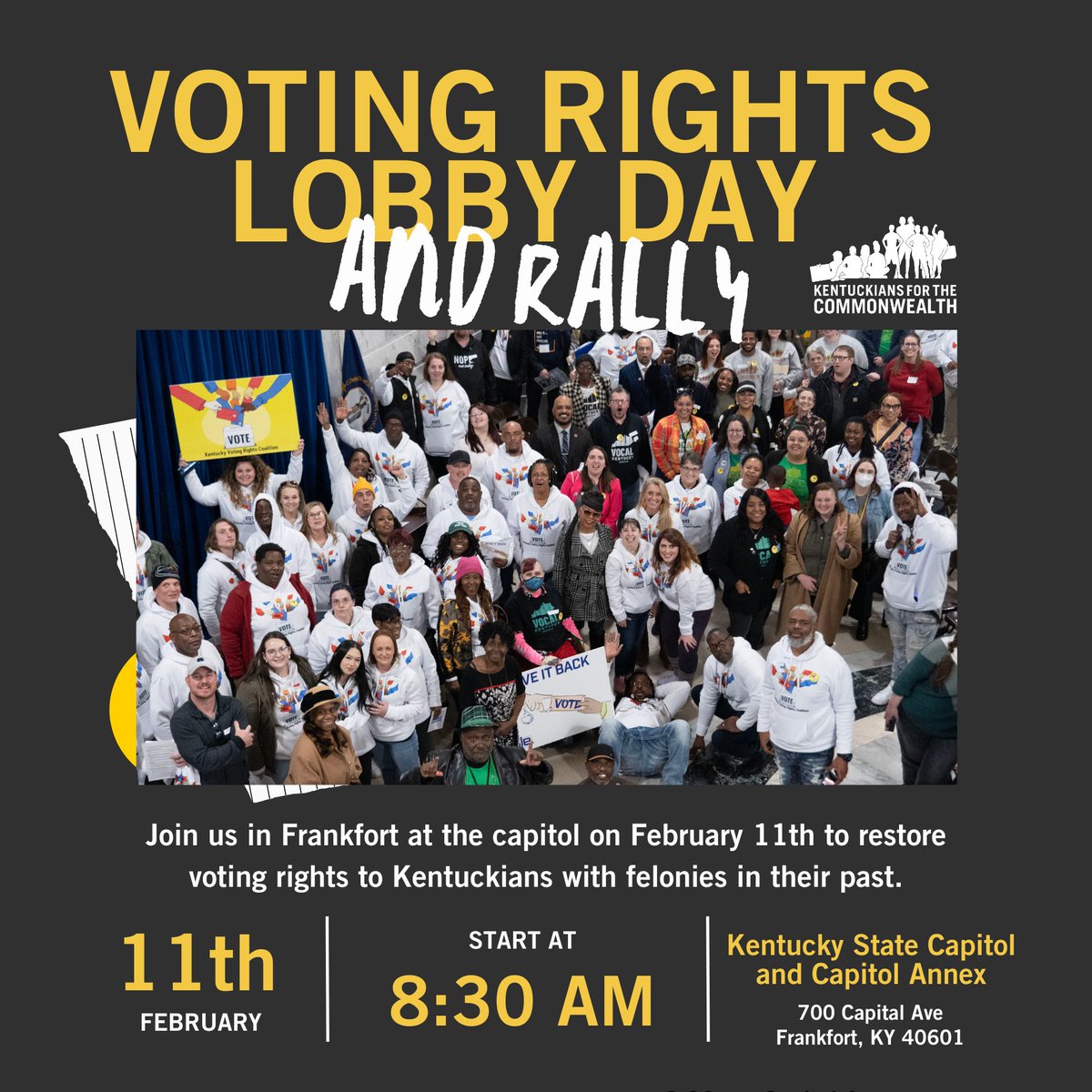 🗳️ Join us on Feb 11, 8:30am-2pm EST at the KY State Capitol! Empower 200k+ Kentuckians to reclaim their vote. Your voice matters! 💪 Sign up: bit.ly/VRLobbyDay
