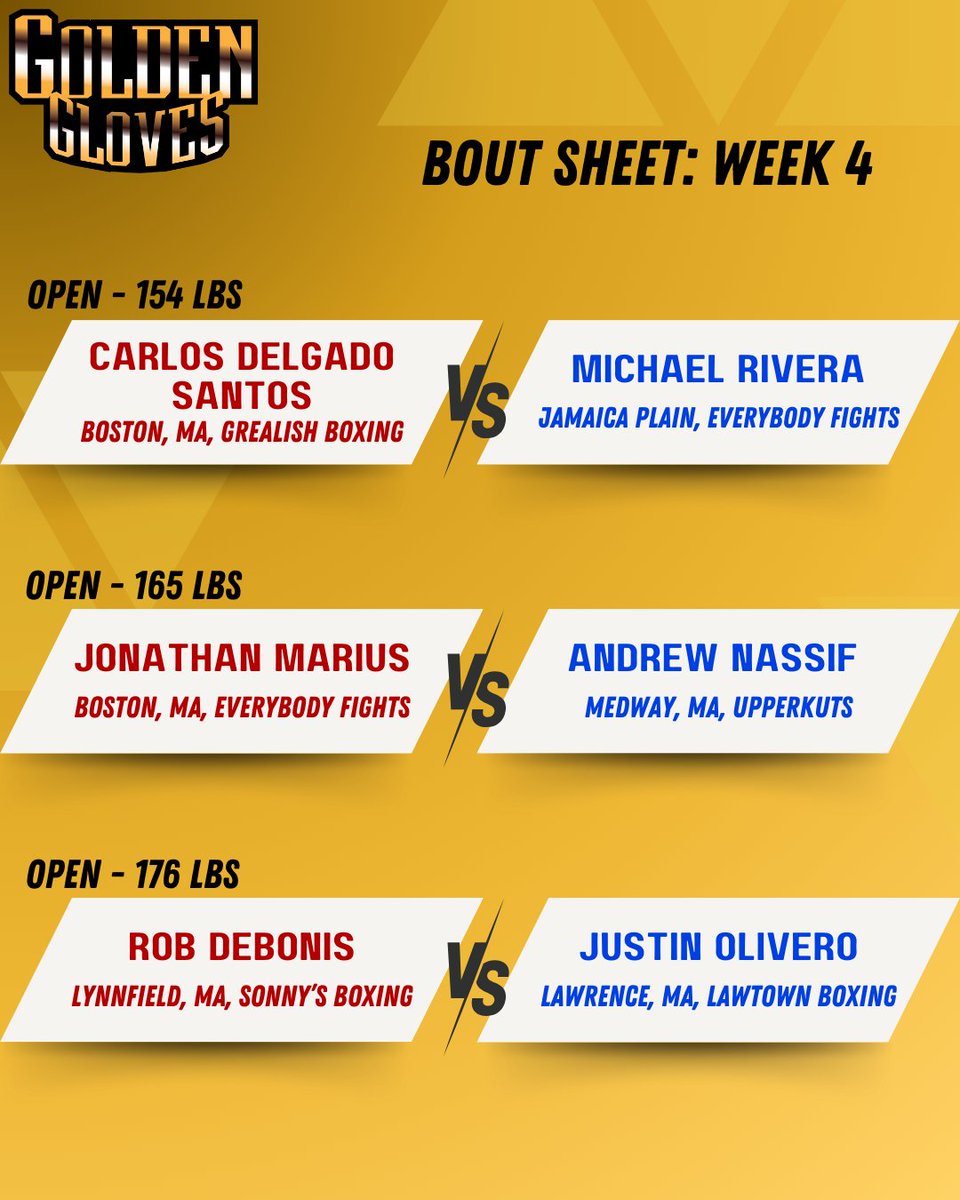 🥊❗Week 4 Bouts  Of The Lowell Golden Gloves!

Here is the bout sheet for Tonight! First Bout is at 7:30 pm. 

Buy your tickets while you still can!
*Buy directly from Spectacle Live, Lowell Memorial Auditorium , or Etix to avoid scams.