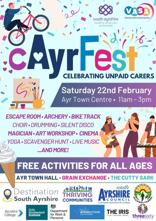 South Ayrshire’s first ever cAyrFest, organised by HSCP and VASA, will take place on Saturday the 22nd of February in Ayr from 11am until 3pm. 

This free multi-venue festival will celebrate the contribution that unpaid carers, of all ages, make to South Ayrshire! 💜