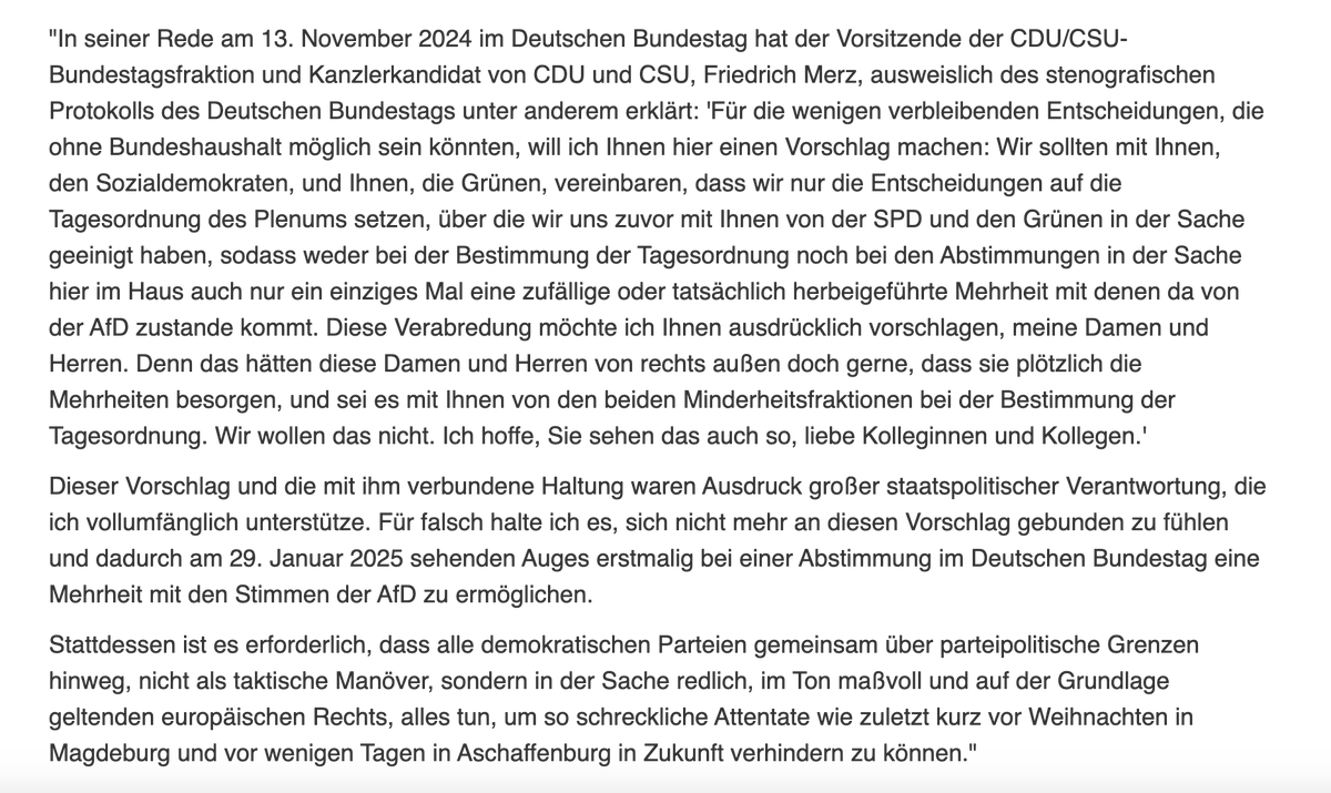 🔴Angela Merkel äußert sich: "Für falsch halte ich es, sich nicht mehr an diesen Vorschlag gebunden zu fühlen und dadurch am 29. Januar 2025 sehenden Auges erstmalig bei einer Abstimmung im Deutschen Bundestag eine Mehrheit mit den Stimmen der AfD zu ermöglichen."