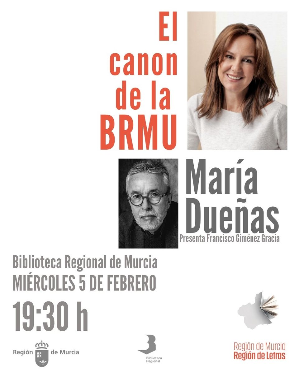 ‼️ El próximo miércoles será María Dueñas <a href="/MDuenasOficial/">María Dueñas Oficial</a> quien visite la <a href="/brmu/">Biblioteca Regional de Murcia</a> dentro del ciclo #ElCanonDeLaBRMU
✍️ ¡Apúntatelo!
🗓️ Miércoles 5 de febrero
🕢 19:30 h
Presenta <a href="/Pacosofo/">Pacósofo</a> 
ℹ️ bibliotecaregional.carm.es/agenda/el-cano…