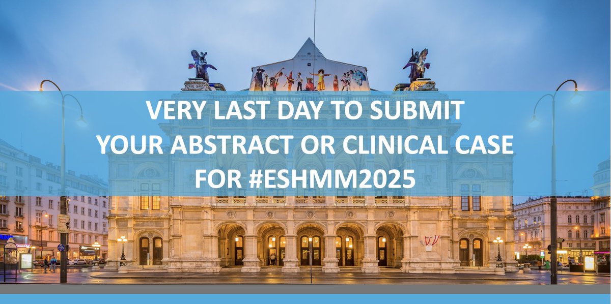 ESH (Haematology) (@eshaematology) on Twitter photo ⌛️#ESHMM2025 THE DEADLINE TO SUBMIT IS TONIGHT AT 23:59 CET!
Last chance: PROCEED NOW ➡ bit.ly/3THZibM
5th How to Diagnose & Treat MULTIPLE #MYELOMA
🗓️ April 3-5, 2025 in Vienna 🇦🇹
Chairs: <a href="/H_Einsele/">Prof. Dr. Hermann Einsele</a>, Maria Krauth, <a href="/mvmateos/">marivi mateos</a>, <a href="/OmarNadeemMD/">Omar Nadeem</a>
#ESHCONFERENCES #MMsm ⌛️#ESHMM2025 THE DEADLINE TO SUBMIT IS TONIGHT AT 23:59 CET!
Last chance: PROCEED NOW ➡ bit.ly/3THZibM
5th How to Diagnose & Treat MULTIPLE #MYELOMA
🗓️ April 3-5, 2025 in Vienna 🇦🇹
Chairs: <a href="/H_Einsele/">Prof. Dr. Hermann Einsele</a>, Maria Krauth, <a href="/mvmateos/">marivi mateos</a>, <a href="/OmarNadeemMD/">Omar Nadeem</a>
#ESHCONFERENCES #MMsm