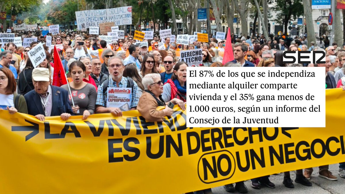 El 80% de los jóvenes emancipados no ahorran ni 100€ al mes. Comparten piso con 3 o 4 personas y ven la vivienda como un lujo imposible. 

Sin alquileres asequibles ni sueldos dignos, solo queda la precariedad. Urge intervenir el mercado de la vivienda. cadenaser.com/nacional/2025/…