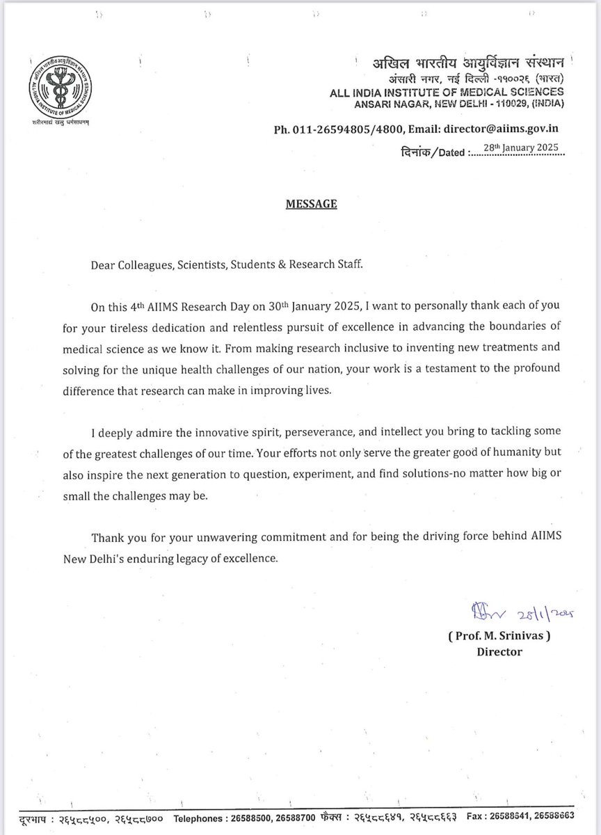 AIIMS, New Delhi (@aiims_newdelhi) on Twitter photo Celebrating the spirit of research! On the 4th AIIMS Research Day, Director Prof. M. Srinivas applauds the dedication of scientists, students & research staff for pushing the boundaries of medical science. #AIIMSResearchDay #MedicalInnovation #ResearchForImpact Celebrating the spirit of research! On the 4th AIIMS Research Day, Director Prof. M. Srinivas applauds the dedication of scientists, students & research staff for pushing the boundaries of medical science. #AIIMSResearchDay #MedicalInnovation #ResearchForImpact