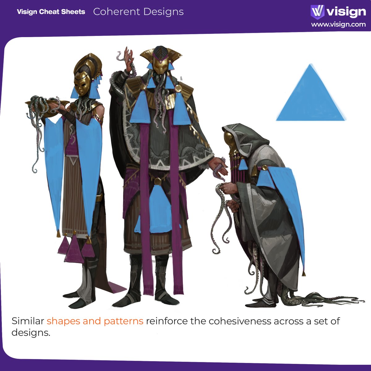 visignacademy's tweet image. Cool tip of the day: use shared patterns, shapes and materials to tie your designs together and make them look great!
Want a simple character design process? Learn it in “Basics of Character Design for Video Games” – a course with clear theory and application, that you can take…