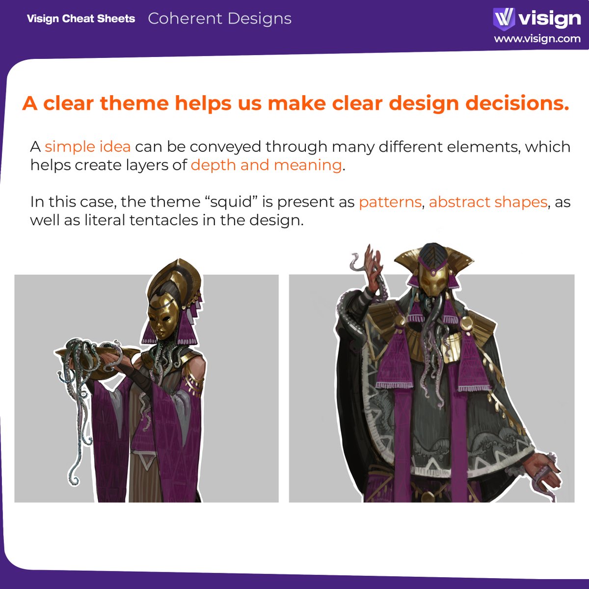 visignacademy's tweet image. Cool tip of the day: use shared patterns, shapes and materials to tie your designs together and make them look great!
Want a simple character design process? Learn it in “Basics of Character Design for Video Games” – a course with clear theory and application, that you can take…