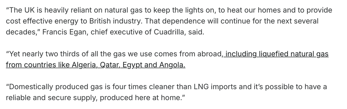 ⚠️ An oft-debunked myth is circulating again:

"domestically produced gas is four times cleaner than LNG imports"

This claim has come recently from the boss of UK fracking company Cuadrilla (shock)

As a reminder, here's why that's not accurate... 🧵