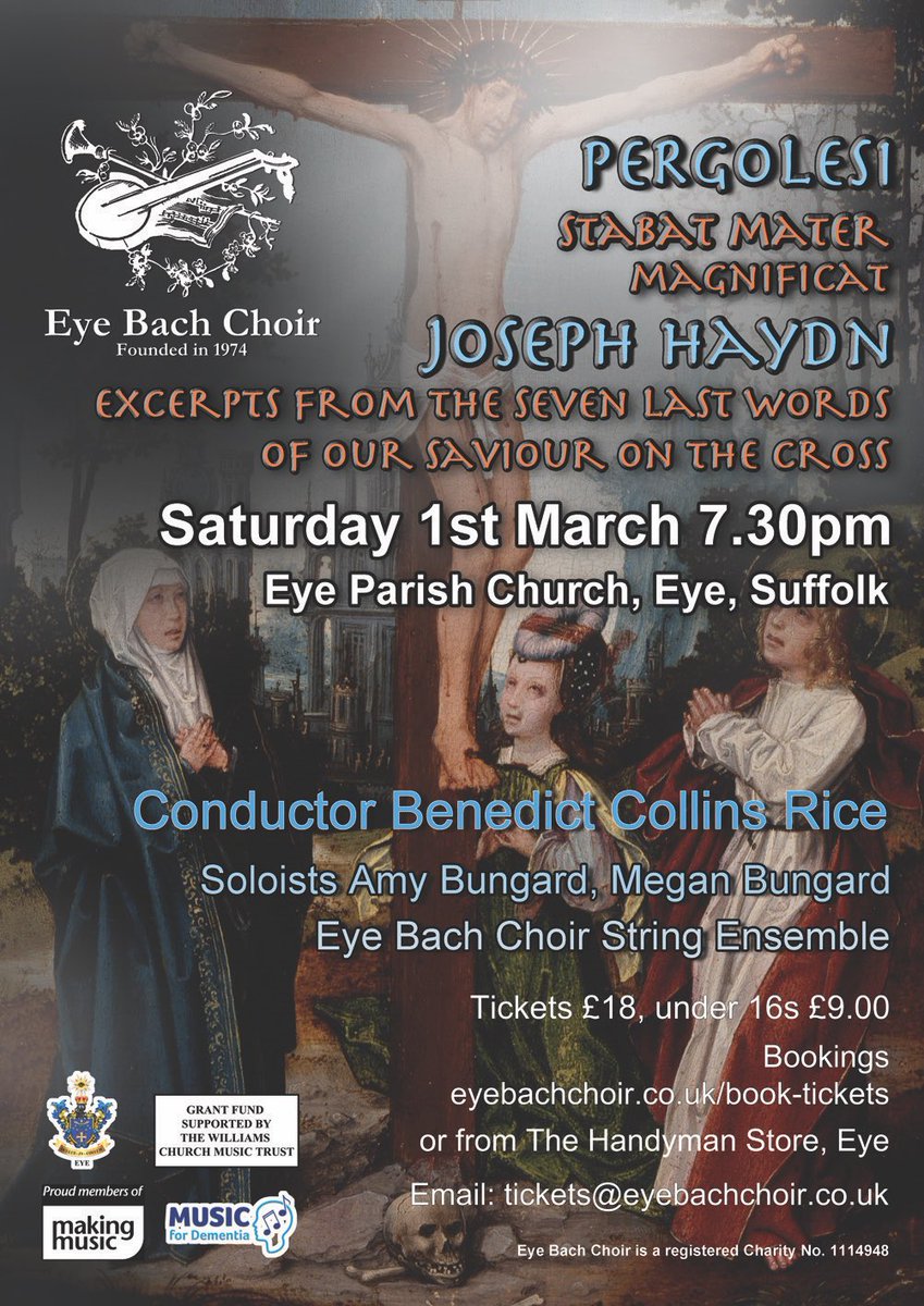 Leanne Hammacott (@nestybird) on Twitter photo Upcoming concert with <a href="/EyeBachChoirSu1/">EyeBachChoir Suffolk</a> and our new musical director <a href="/B_CR_/">Benedict Collins Rice</a> 🎶 Pergolesi Stabat Mater & Magnificat and Haydn: Seven Last Words
📆 Sat 1st March 7.30pm
⛪️ Eye Parish Church, Eye, Suffolk
🎟️ ticketsource.co.uk/booking/select… Upcoming concert with <a href="/EyeBachChoirSu1/">EyeBachChoir Suffolk</a> and our new musical director <a href="/B_CR_/">Benedict Collins Rice</a> 🎶 Pergolesi Stabat Mater & Magnificat and Haydn: Seven Last Words
📆 Sat 1st March 7.30pm
⛪️ Eye Parish Church, Eye, Suffolk
🎟️ ticketsource.co.uk/booking/select…