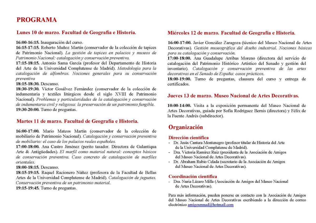📢Curso "Introducción a la catalogación y conservación preventiva de las artes decorativas"
📅10-13 de marzo
📍Sedes: Facultad de Geografía e Historia (UCM) <a href="/geohisucm/">Geografía e Historia UCM</a> y Museo Nacional de Artes Decorativas <a href="/MNAD_Madrid/">Museo Nacional de Artes Decorativas</a> 
🧩Organizan: Dep. de Historia del Arte y Amigos del MNAD