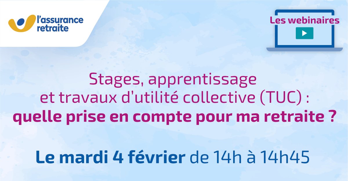 📅 #LAssuranceRetraite organise le 04/02 le webinaire « Stages, apprentissage, travaux d’utilité collective : quelle prise en compte pour ma retraite ? ». Démarches, trimestres, mise à jour de carrière… pour s’inscrire et en savoir plus 👉 bit.ly/4fYNT13?utm_so…
#Retraite