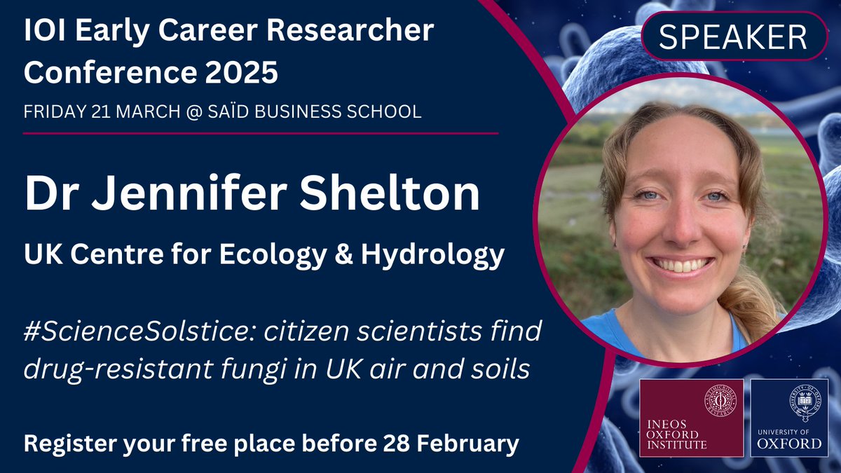 Ineos Oxford Institute for Antimicrobial Research (@ineosoxford) on Twitter photo 📣 Speaker alert #IOIECR2025
<a href="/jenmgshe/">Jennifer Shelton</a> from <a href="/UK_CEH/">UK Centre for Ecology & Hydrology</a> will discuss #ScienceSolstice-a citizen science project to find drug-resistant fungi 🍄
Join us on March 21 for our ECR conference on ‘Multidisciplinary Approaches to Tackle AMR’ ️➡️ ineosoxford.ox.ac.uk/event/ioi-earl… 📣 Speaker alert #IOIECR2025
<a href="/jenmgshe/">Jennifer Shelton</a> from <a href="/UK_CEH/">UK Centre for Ecology & Hydrology</a> will discuss #ScienceSolstice-a citizen science project to find drug-resistant fungi 🍄
Join us on March 21 for our ECR conference on ‘Multidisciplinary Approaches to Tackle AMR’ ️➡️ ineosoxford.ox.ac.uk/event/ioi-earl…
