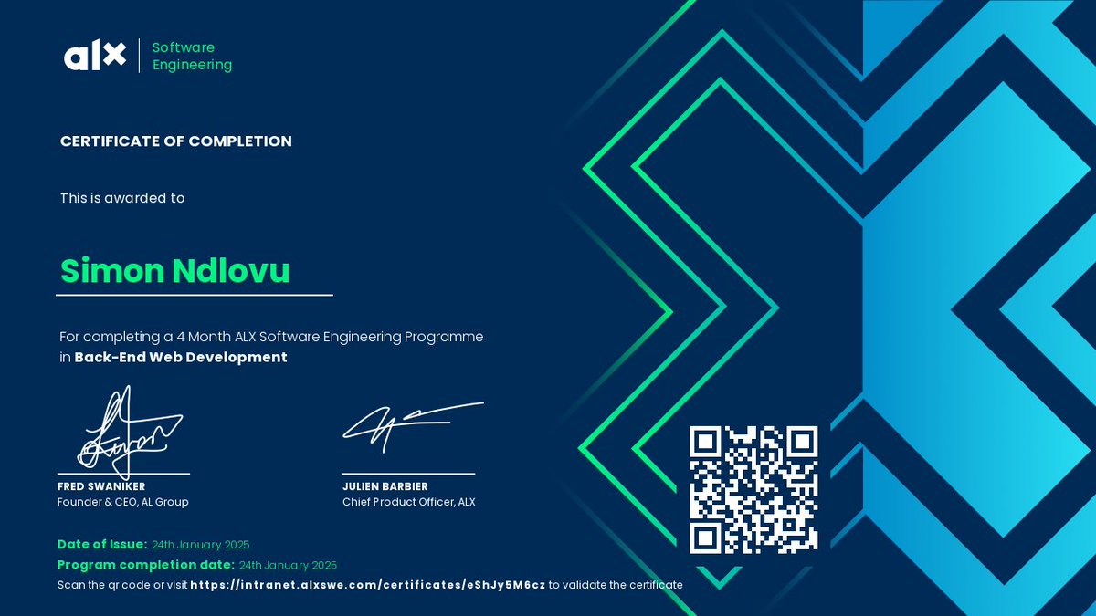 simon1_ndlovu's tweet photo. Officially an ALX Backend Web Development Program graduate! 🎓✨ Grateful and excited for the future. Thanks to all who supported me! 🙌 #ALXBEGrad #ALXBE #ALXLevelUp https://t.co/Dfx7XdTZmO