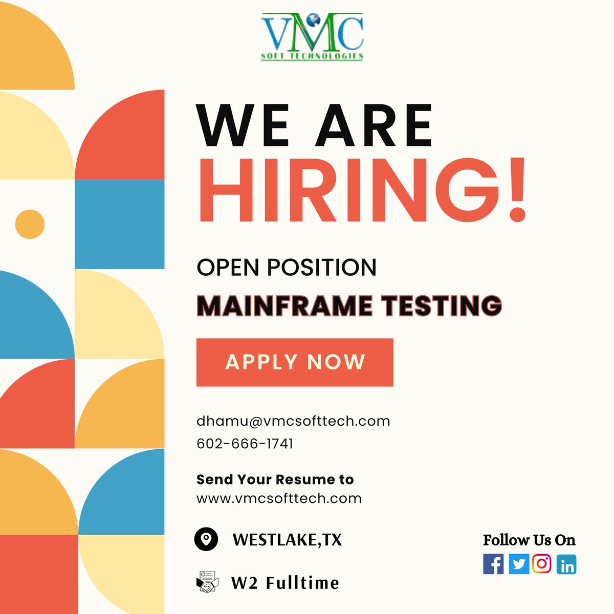 vmc_softtech's tweet image. VMC Soft Technologies looking for a MAINFRAME TESTING in WESTLAKE,TX 
Job Title: MAINFRAME TESTING
Location: WESTLAKE,TX / SMITHFIELD,RI
Contract: W2 Contract
For more details: dhamu@vmcsofttech.com/ 602-666-1741
Apply Now: vmcsofttech.com/careers/
#mainframedeveloper