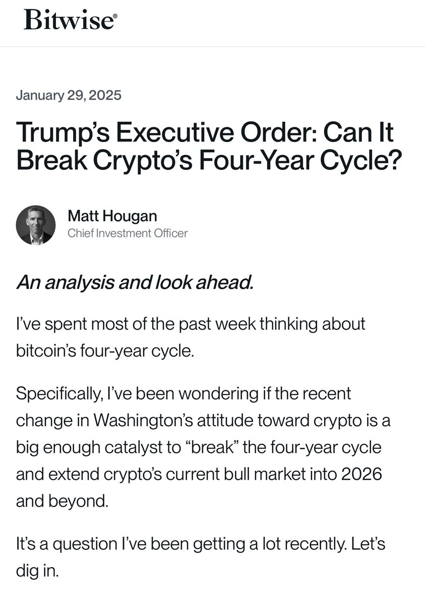 CIO <a href="/BitwiseInvest/">Bitwise</a>: Donald #Trump's policies could attract trillions of dollars to the crypto industry and reduce the scale of market corrections, which will disrupt the traditional four-year cycle 👀