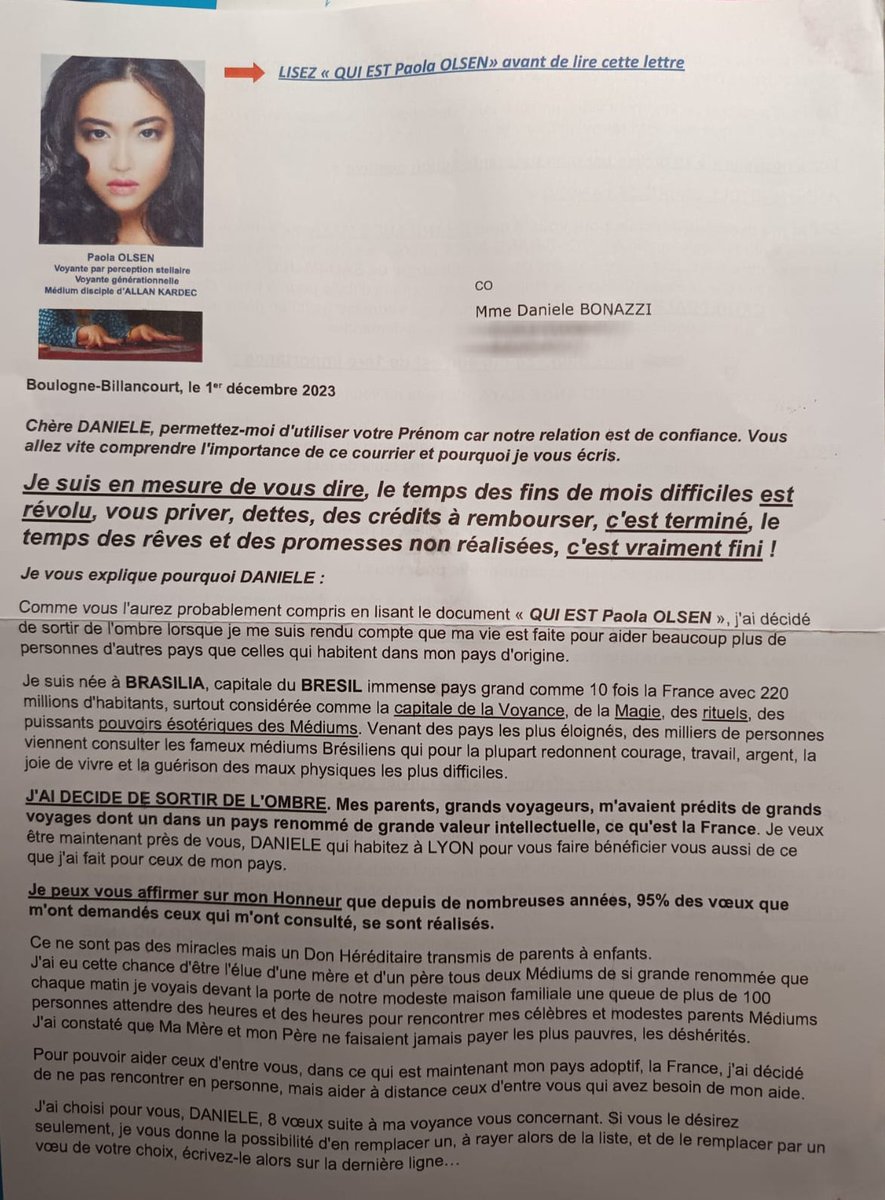 Une mention spéciale pour la médium Paola Oslen, voyante disciple d'Allan Kardec, qui vient d'envoyer une lettre papier à ma maman pour des séance de spiritismes. Le vrai don aurait été de savoir que ma Maman est décédée en 2001, il y a presque 25 ans. 👋👋👋
