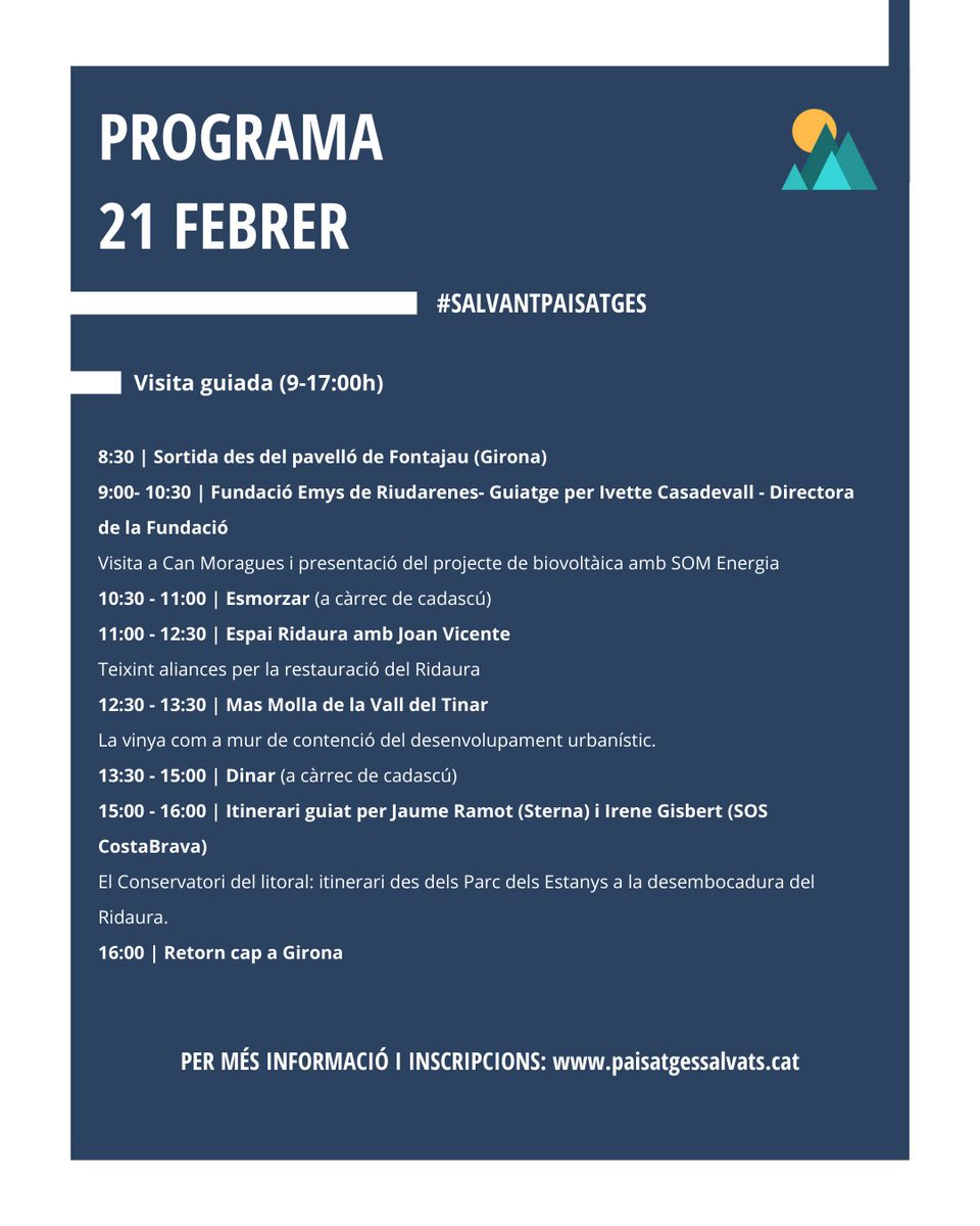 somnatus's tweet photo. Torna el Seminari Paisatges Salvats- Paisatges per Salvar! ⛰️

📅 Dijous 20 de febrer
🕓 16h
🗣️ Ponències i debats a la @udglletres

📅 Divendres 21 de febrer
🕦 8:30
🚎 Sortida amb autobús des de Fontajau

@geografia_udg @soscostabrava https://t.co/Ew0jFNzZef