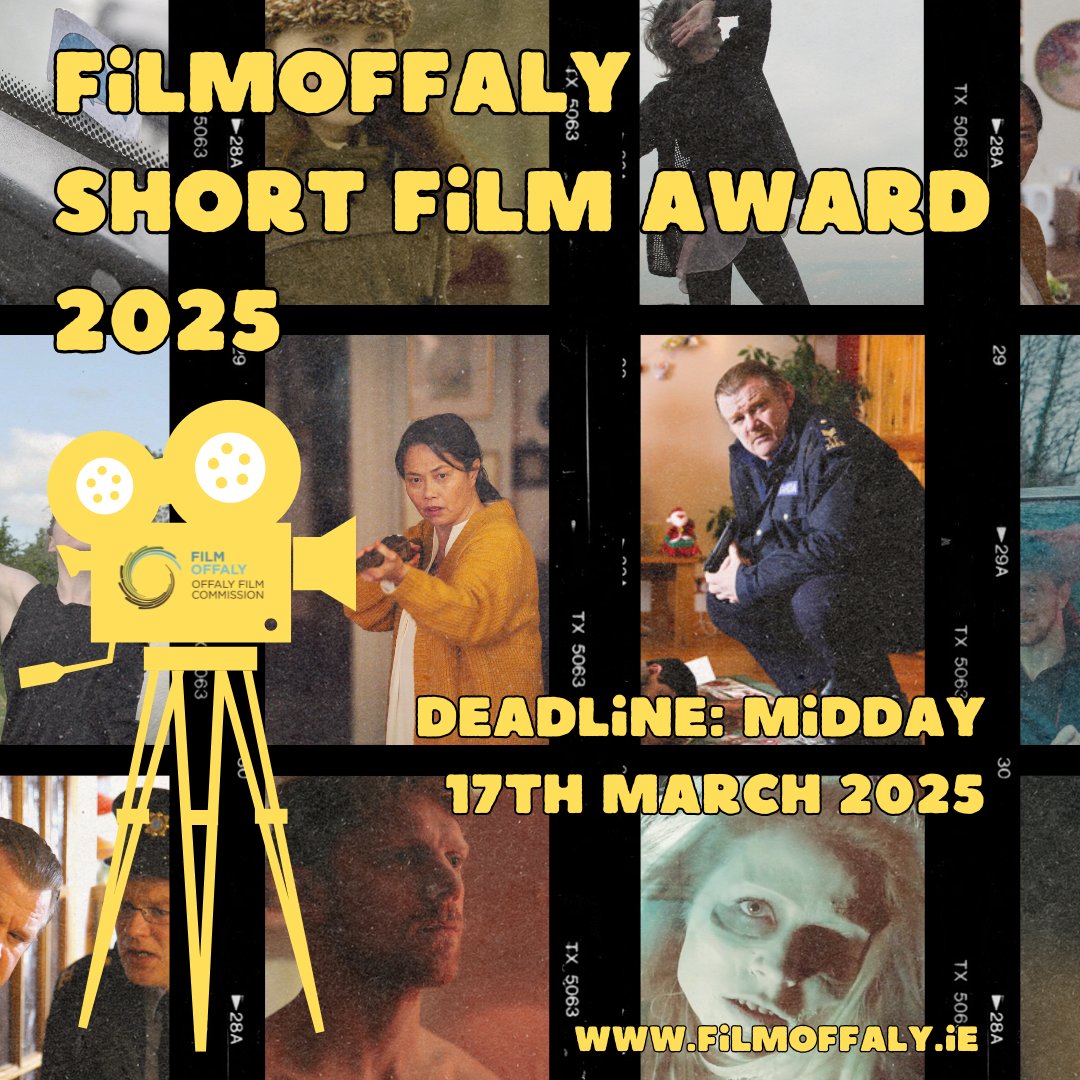 Applications for the FilmOffaly Short Film Award 2025 are now open!

If you have a great idea for a short film then send us your scripts - one successful applicant will receive €12,000 towards the cost of their production. 

More details on our site - filmoffaly.ie