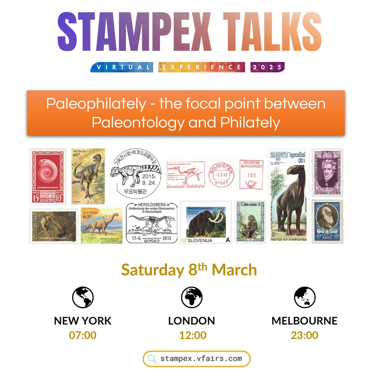 I  invite you all to discover the fascinating world of Paleophilately. You’ll be taken on a journey through time and learn of the first appearance of animals on philatelic items and many more. 
Register for the show today at stampex.vfairs.com