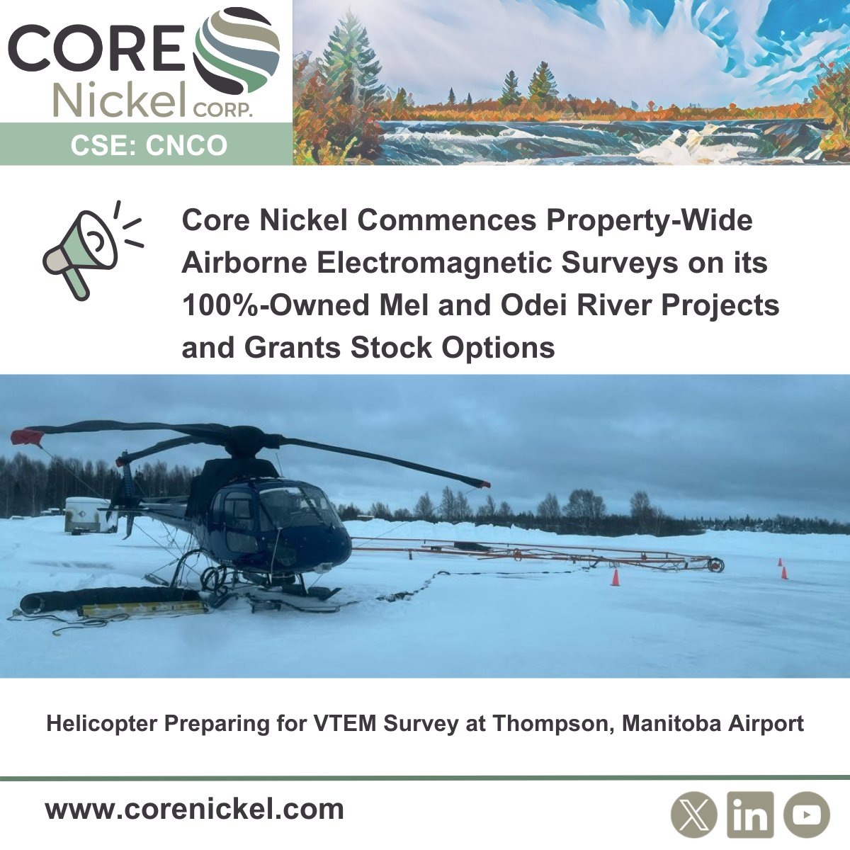 Core Nickel $CNCO.CN is excited to announce the start of VTEM geophysical surveys on our Mel and Odei River projects. These surveys will enhance our understanding of the geology and guide future exploration, uncovering new opportunities in the Thompson Nickel Belt. 

#Nickel