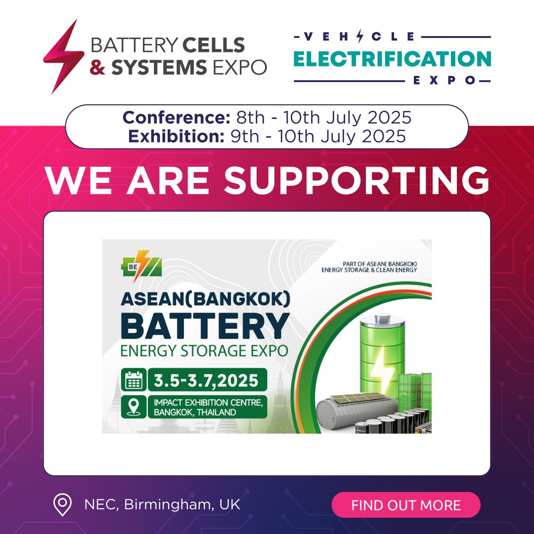 Vehicle Electrification Expo (@veexpo) on Twitter photo We are delighted to announce that ASEAN (Bangkok) Battery & Energy Storage Expo are supporting <a href="/BatteryCellExpo/">Battery Cells & Systems Expo</a> and <a href="/VeExpo/">Vehicle Electrification Expo</a>!
➡️ Get involved for 2025: vist.ly/3mtqnpz
#BCS25 #VEX25 We are delighted to announce that ASEAN (Bangkok) Battery & Energy Storage Expo are supporting <a href="/BatteryCellExpo/">Battery Cells & Systems Expo</a> and <a href="/VeExpo/">Vehicle Electrification Expo</a>!
➡️ Get involved for 2025: vist.ly/3mtqnpz
#BCS25 #VEX25